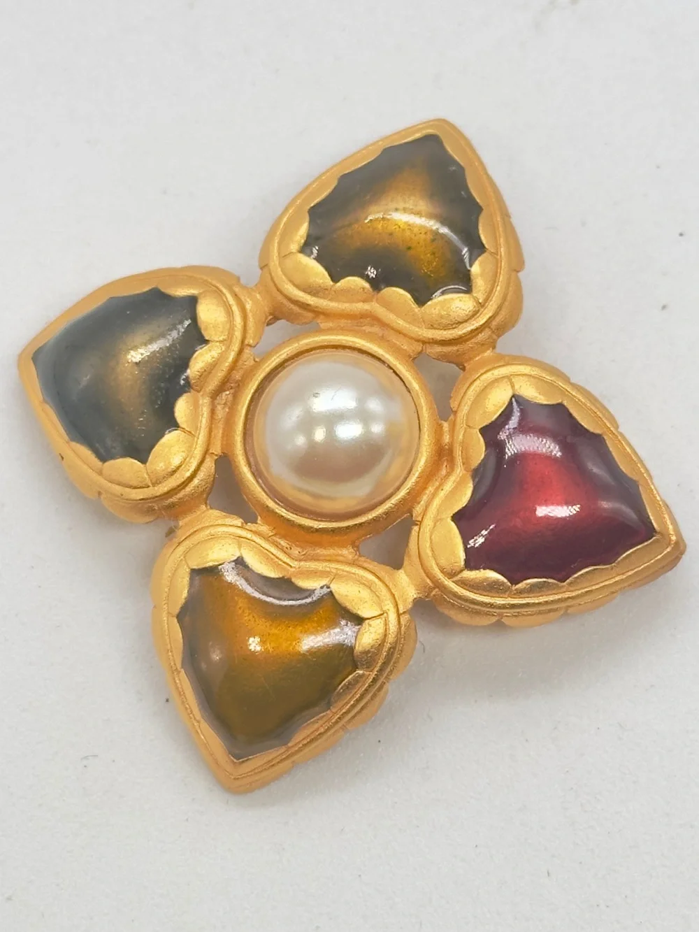 Vintage Anne Klein Brooch Pin Matte Gold Tone Faux Pearl Heart Cross 90s